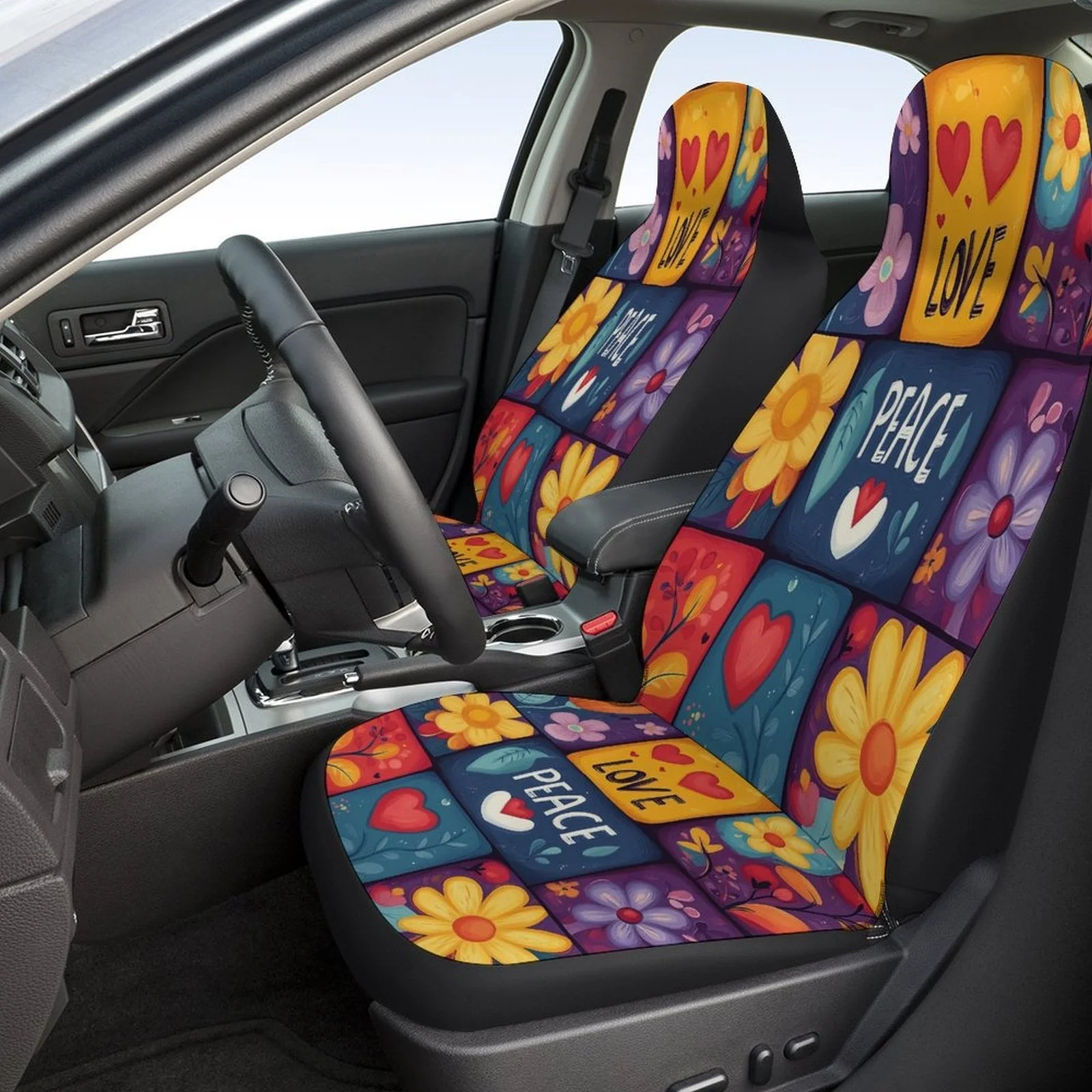 Floral Love Peace Themed Car Seat Covers Set For Most Cars, Decorative Fashionable High-quality Car Seat Protector Covers Full S