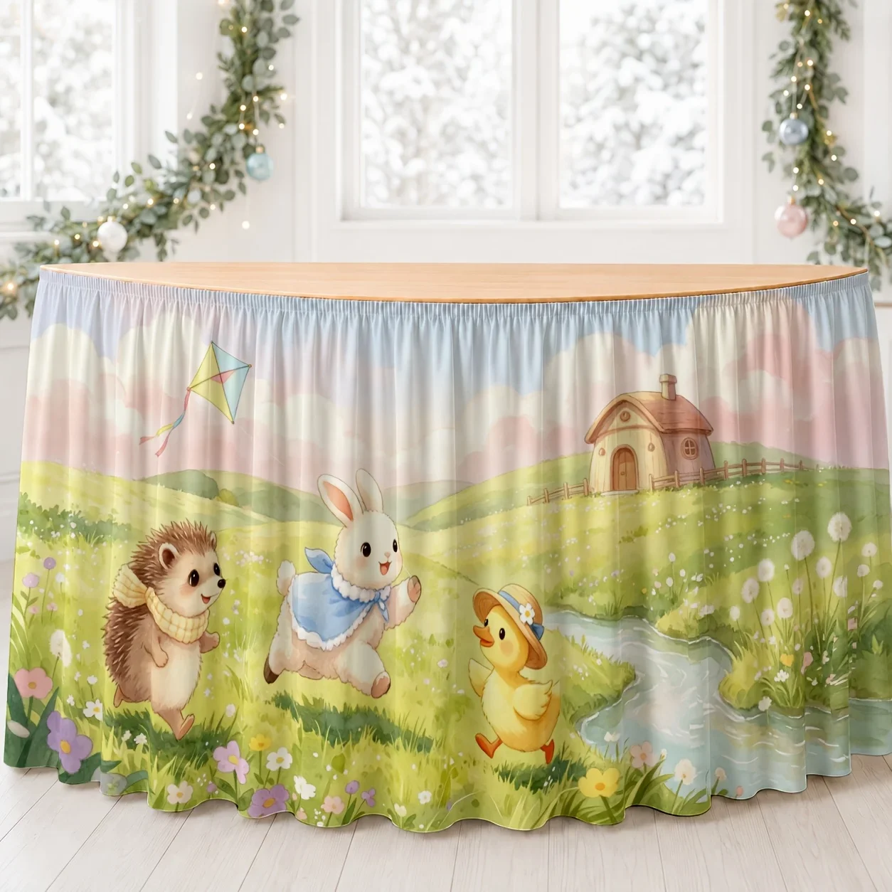 Table skirt / tableskirt, Spring countryside, kites, small animals, country cottage, flowers and streams,refreshing and soothing