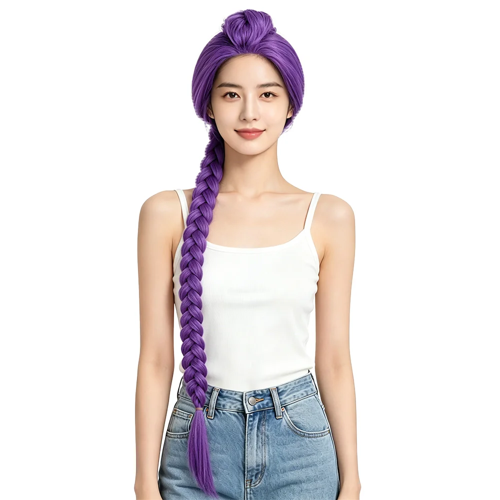 

120cm Clip-in Long Purple Braided Wig For Asian Women Heat Resistant Synthetic Wig with Detachable Bun For Daily Cosplay Party