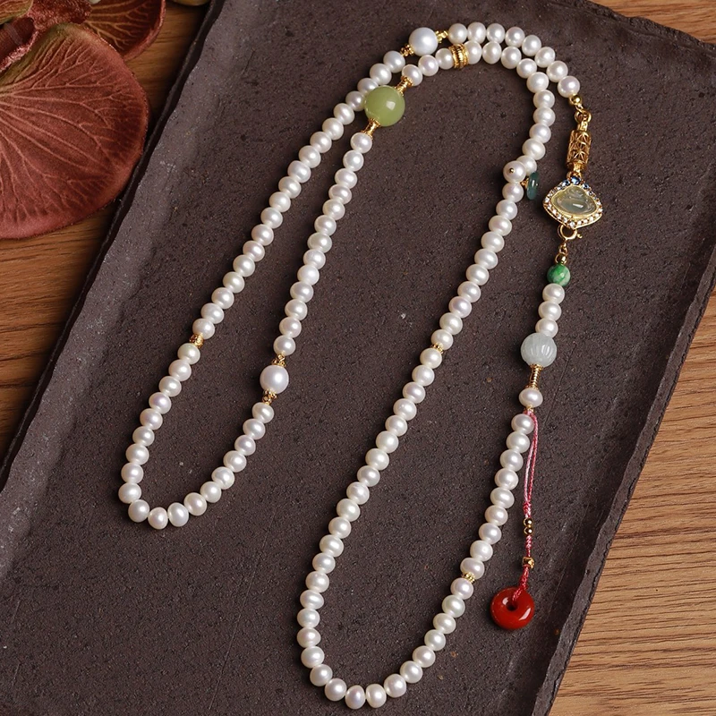 

Ожерелье из натурального пресноводного жемчуга, цепочка для свитера из жадеита китайского дизайна, ювелирные изделия из драгоценных камней ручной работы