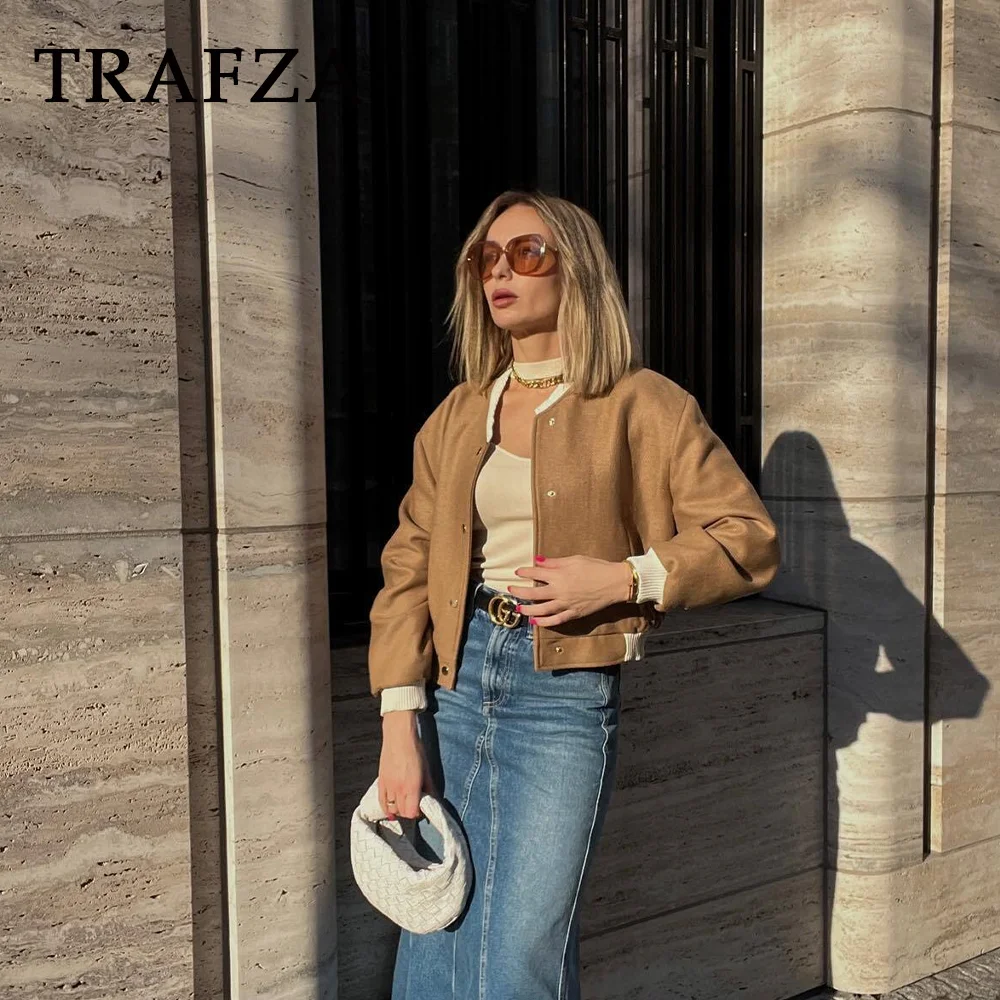 TRAFZA 2024 jesienno-zimowa Casual kurtki damskie moda Streetwear O Neck jednorzędowe łączone eleganckie kurtki damskie