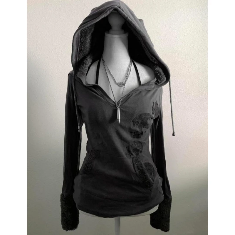 2025 moletom com capuz novo estilo outono e inverno, estilo punk estilo rua com decote em V, top feminino