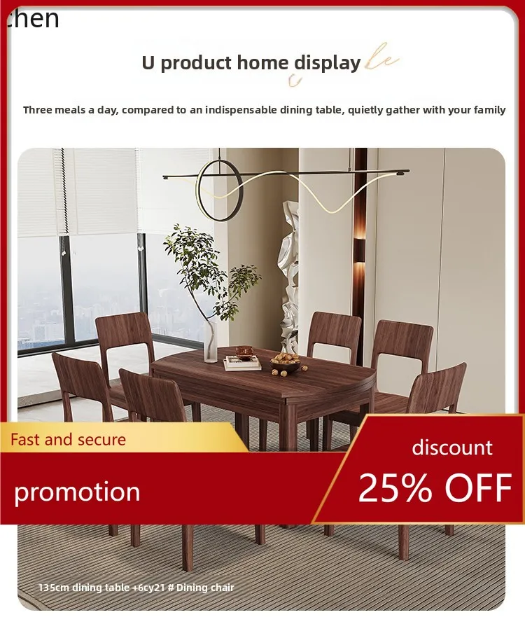 

YFY black walnut square and round dual-purpose one table and six chairs small apartment all solid wood dining table