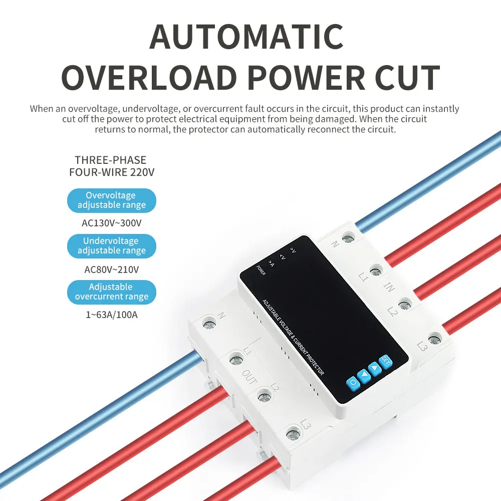 

Защита от перенапряжения и пониженного напряжения на DIN-рейку, трехфазная, регулируемая, 63/100А, 380В переменного тока, с цифровым дисплеем, защита от перенапряжения и пониженного напряжения, защита от перегрузки по току