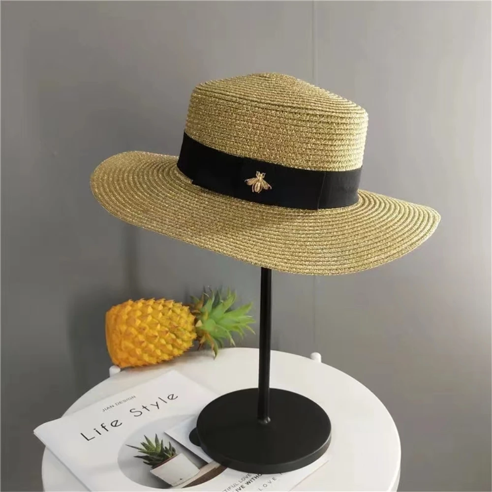 202406-zi21 ins chic summer Gold wire weaving paper bee fake photo fedoras cap men women leisure panama jazz hat