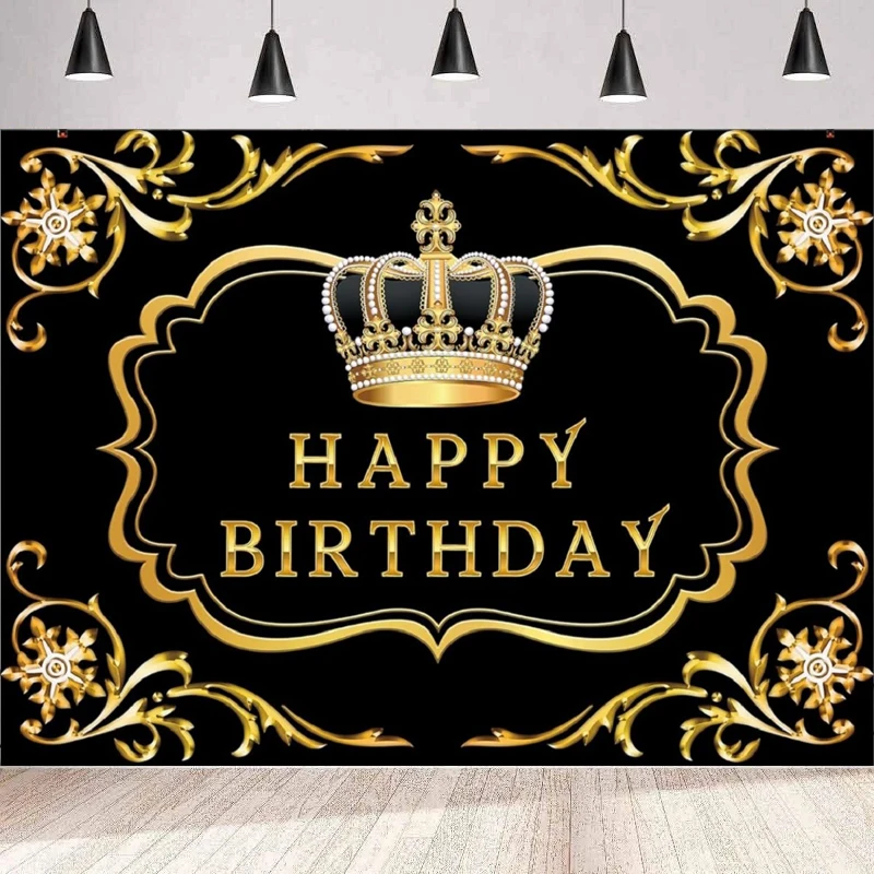 ฉากหลังถ่ายภาพสุขสันต์วันเกิดสีดำและสีทองสำหรับเด็กผู้ชายเด็กผู้ชายเจ้าตัวน้อยราชาราชามงกุฏปาร์ตี้ฉลองทันสมัย