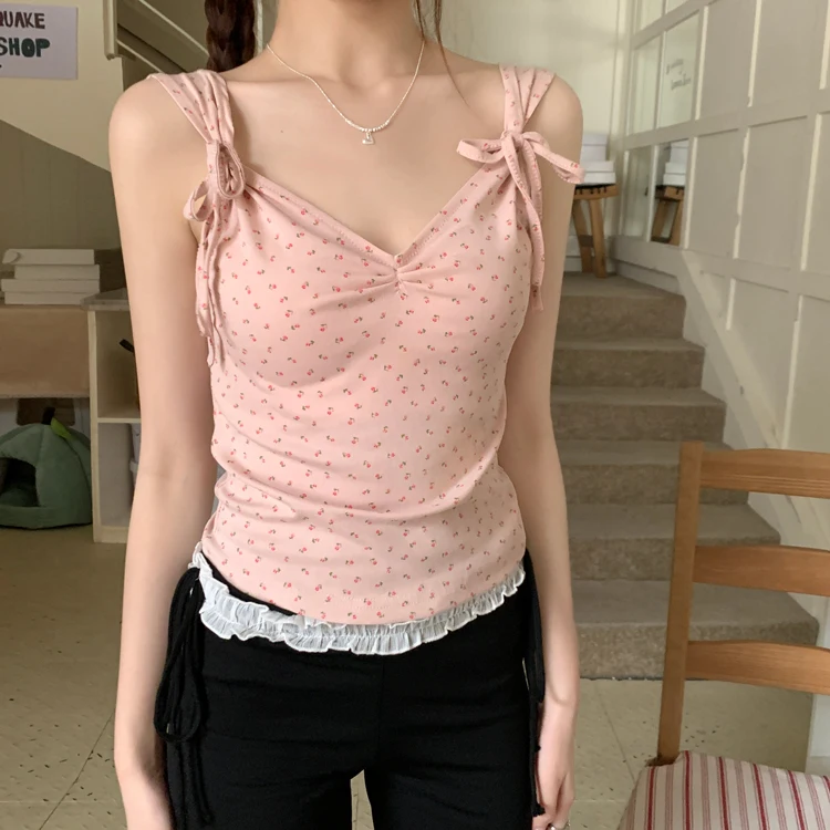 8colors korean style camisole women Slim Print tank top female summer 2024 Lace Up sleeveless crop tops womens (X3356)