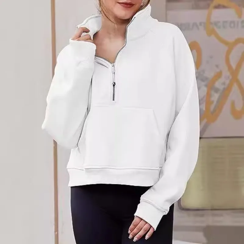 Fashion Stand-up Neck Yoga Suit Half Zipper Short Women's Jacket Thumb Hole Fleece Hoodies&Sweatershirts New Zip up Hoodies