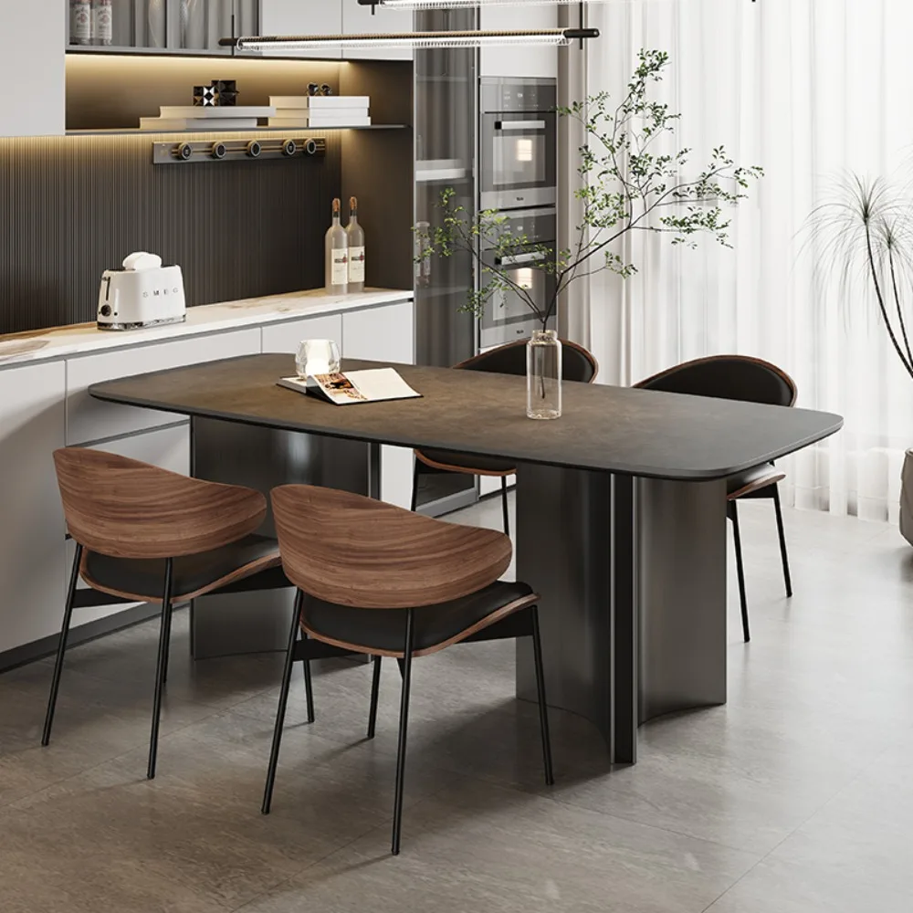 Italian minimalist rock slab dining table 2025 new rectangular dining table and chairs modern light luxury living room black