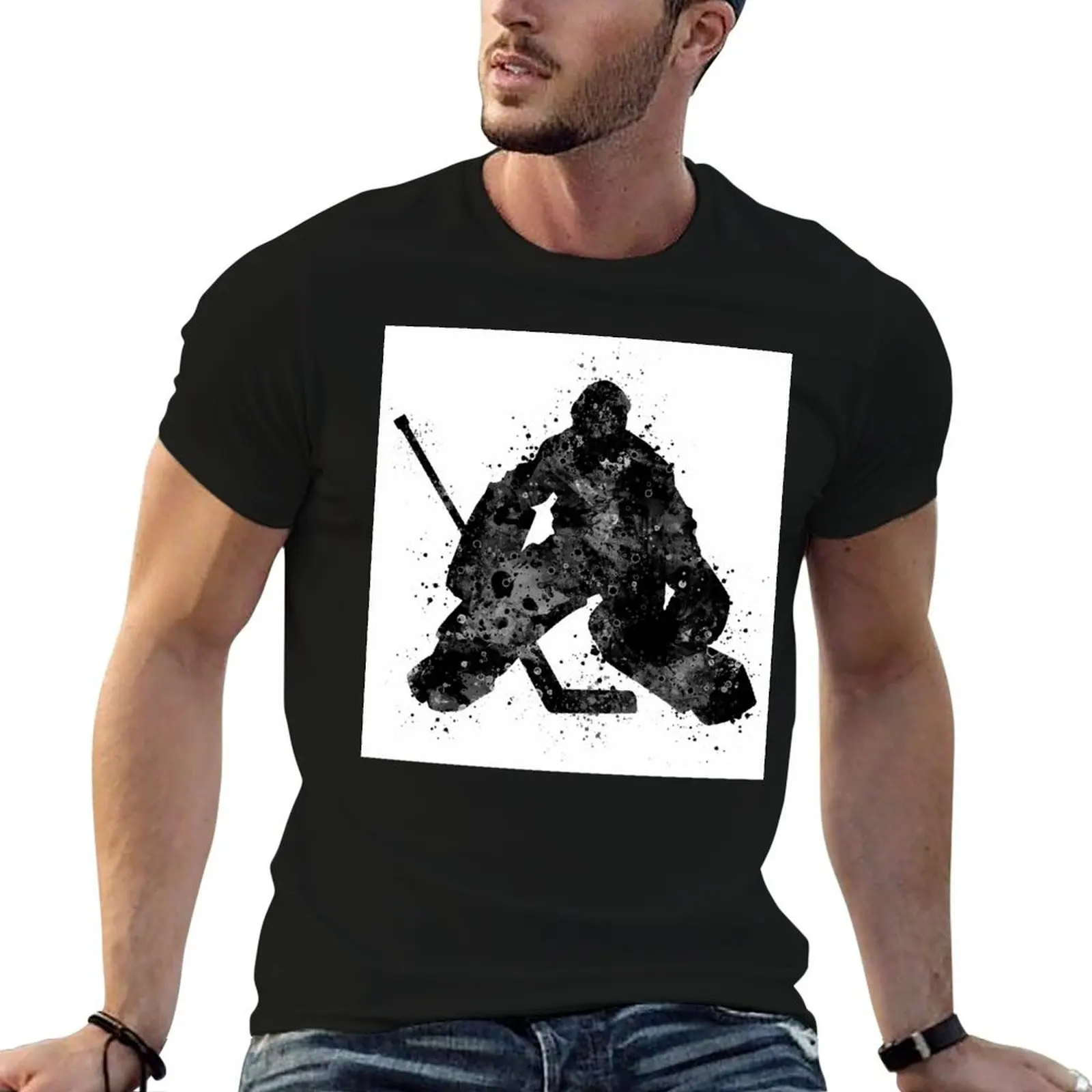 

Ice Hockey Boy Goalie Black and White Silhouette T-Shirt man t shirt summer t shirt for man T-Shirt