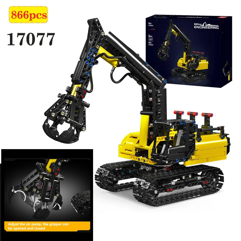 866 STKS Techniek Serie 17077 Hydraulische Houtlader Model Bouwstenen Log Grijper Rupsvoertuig Bakstenen Jongens Speelgoed Geschenken