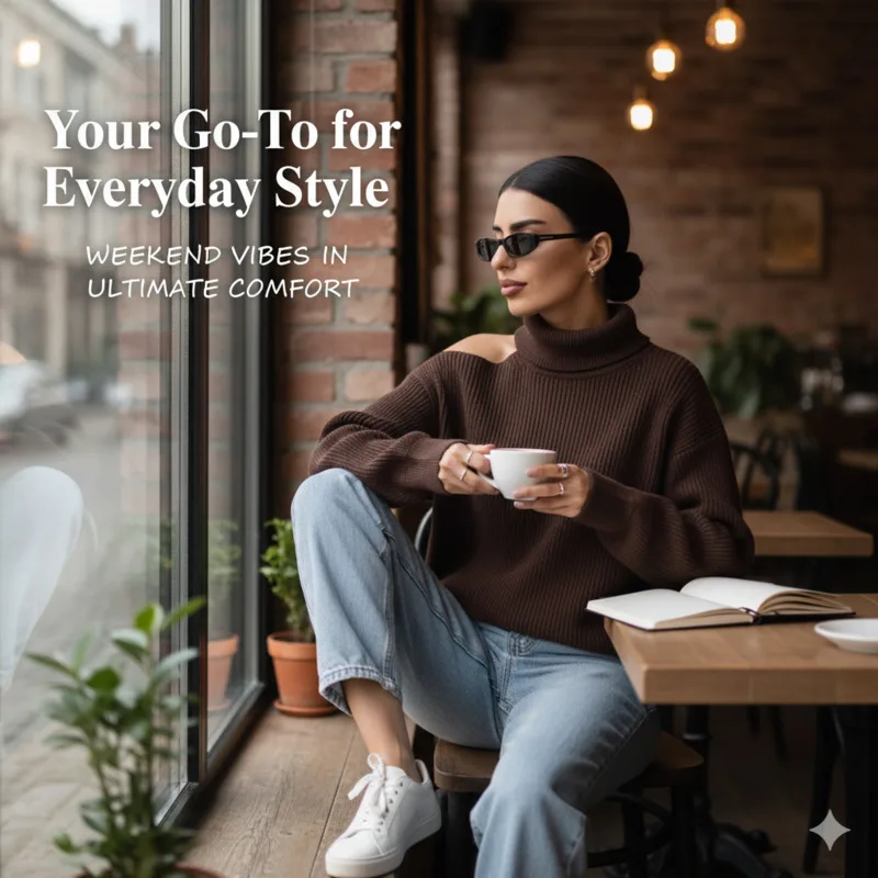 

Trendy Women's High Neck Sweater With Shoulder Cutout Ribbed Knit Loose Fit Pullover Long Sleeve For Autumn Winter Street Style