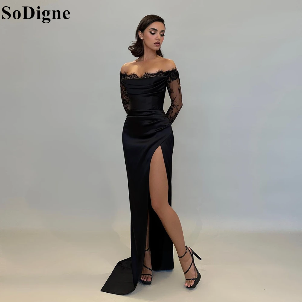 

SoDigne Elegant Black Satin Evening Dresses Mermaid Side Slit Off Shoulder Lace Draped Party Dress 2025 Sexy Prom Gown Customize