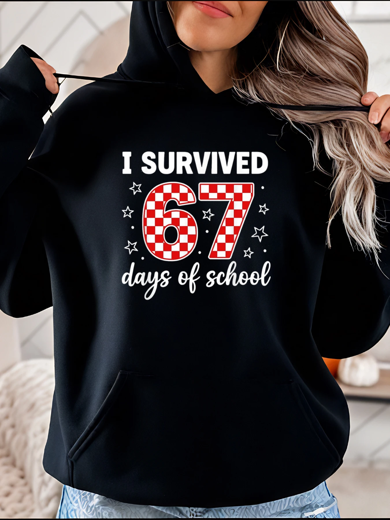 

I Survived 67-Day of School Толстовка с принтом в повседневном стиле Женская повседневная одежда со звездами в шахматном порядке