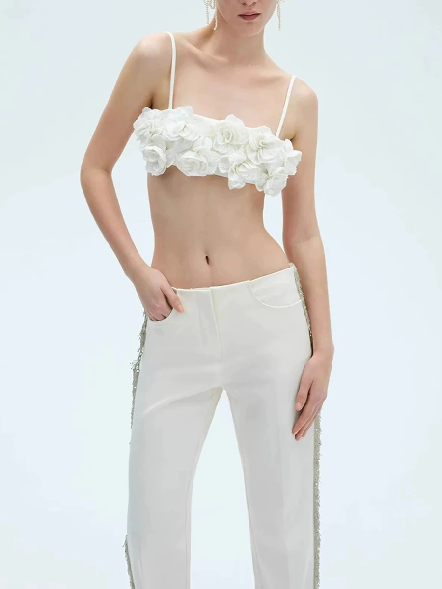VGH White 3D Floral Beaded Two Piece Sets for Women Square Collar Sleeveless Cropped Vest Tassel Pants for Evening Banquet Style