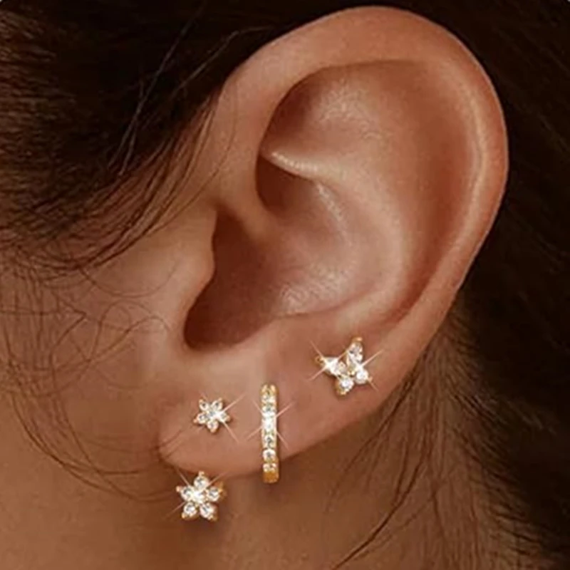 3 шт., комплект серег-гвоздиков с двойным цветком на козелок для женщин, серьги-кольца с бабочкой и хрящом, ювелирные изделия с кристаллами, лоты для пирсинга