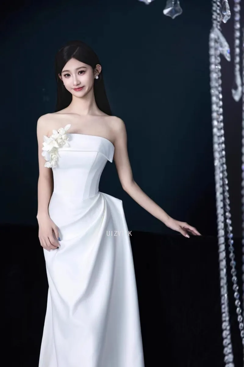French White Light Wedding Dress Slim Strapless Satin Sleeveless A-Line Mermaid Formal Occasion Celebrity Prom Evening Dress
