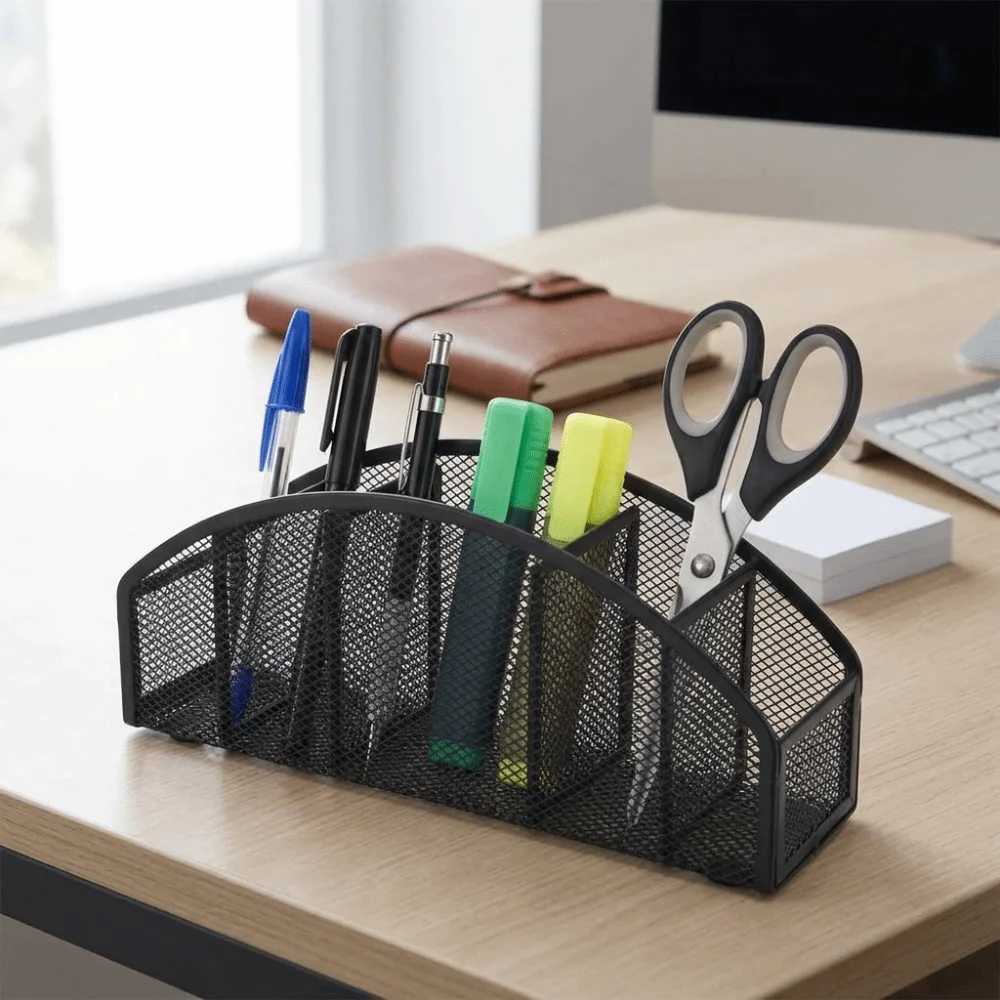 Countertop Holder Black Metal Pen Holder Curved Mesh 5 Compartment Storage Box Metal 5 Grid Desk Organizer Office Supplies