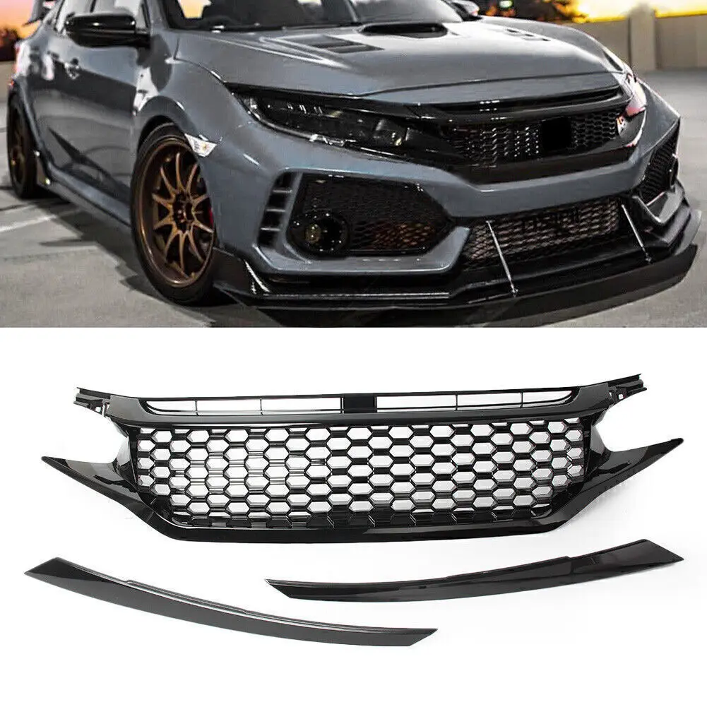 

For Honda Civic 2016 -2018 Honeycomb Gloss Black Front Bumper Mesh Grille Grill Mesh Grill Guards Hood ABS Plastic Accessories