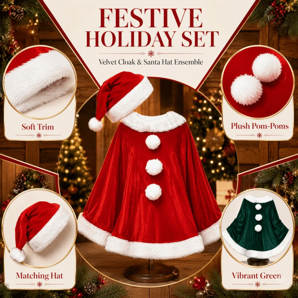Polyester Christmas Cloak and Hat Thick Plush Xmas Cape Shawl Cosplay Costume Santa Claus Costume Christmas Party Costume