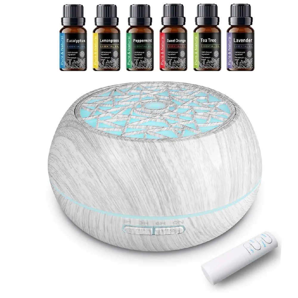 

Remote Control Wood Grain Essential Oil Diffuser - 550ml, 7 LED Colors, 6 Oils Included