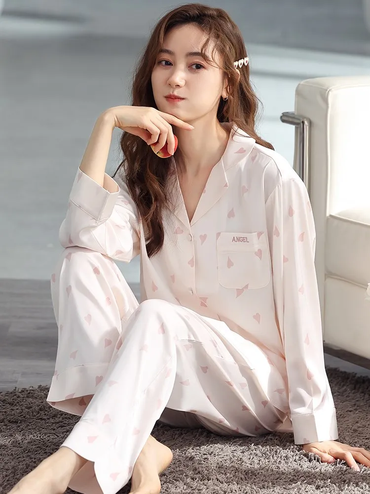 

Spring Pyjama Satin Femme White Pajamas Women PJ Full Sleeve Print Sleepwear Women Nightwear Pants + Tops Ice-Silk Pijamas