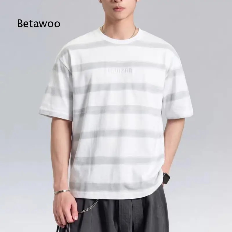 American Style Striped Tie Dye Short Sleeve T Shirt For Men Embroidery Detail Trendy Casual Tops Unique Design Suitable For Sum