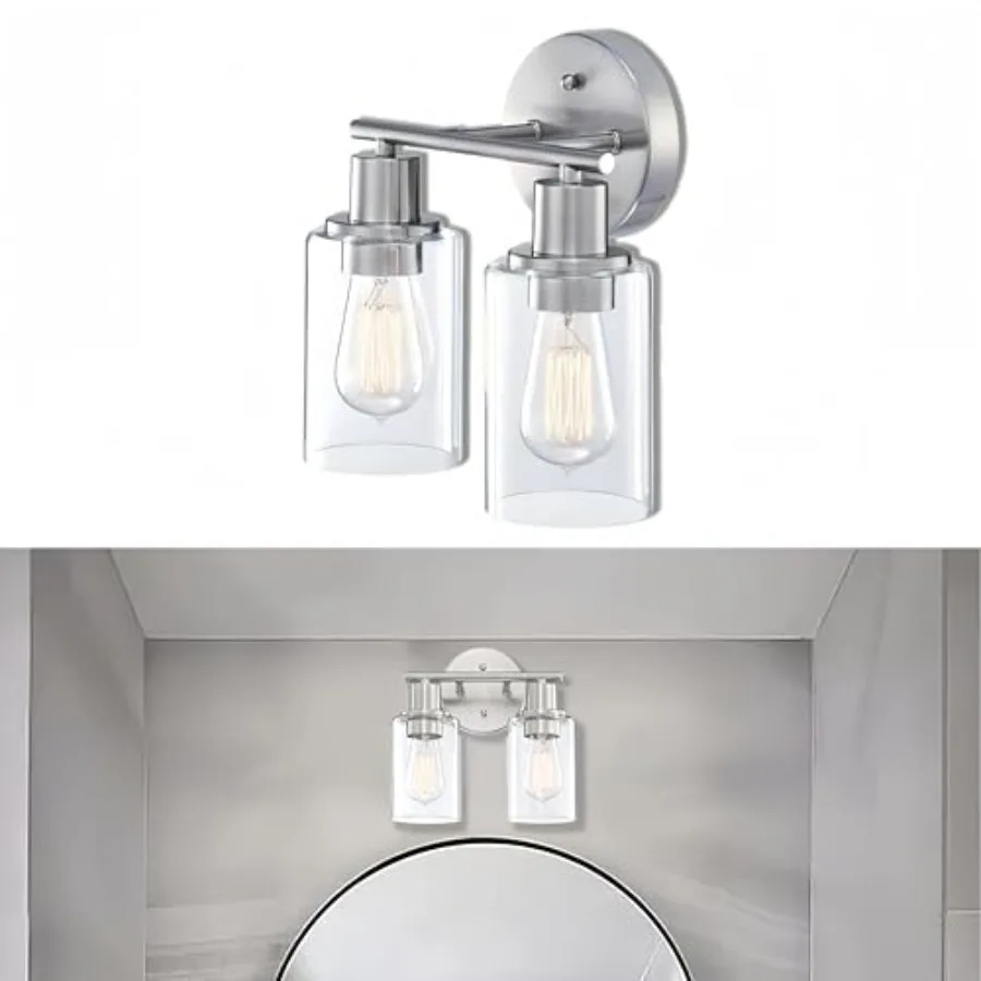 

2-Light Bathroom Vanity Light, Brushed Nickel Bathroom Light Fixtures Over Mirror with Clear Glass Shade Including E26 Medium B