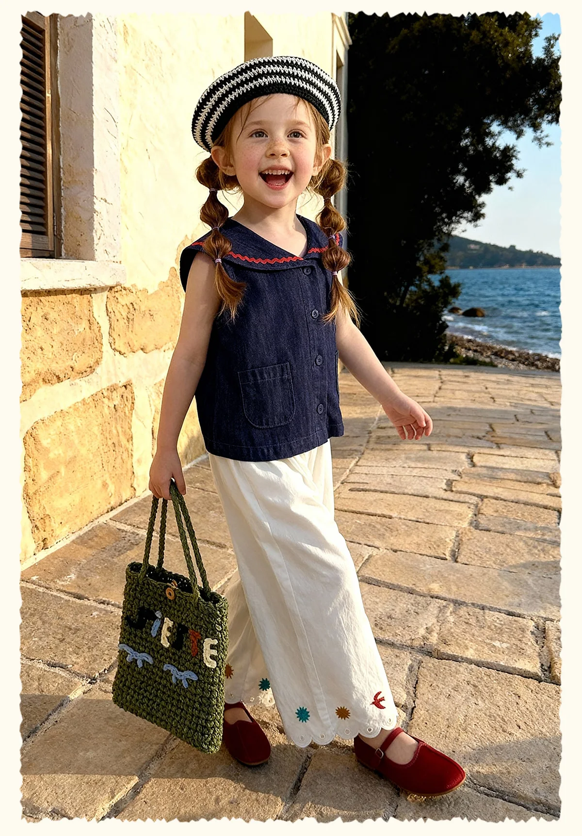 Amila 2026 Sommer Neue Kinder-Freizeithose mit Blumen- und Vogelstickerei, lockerer, lässiger Stil, einfarbig, weites Bein – Detail 9