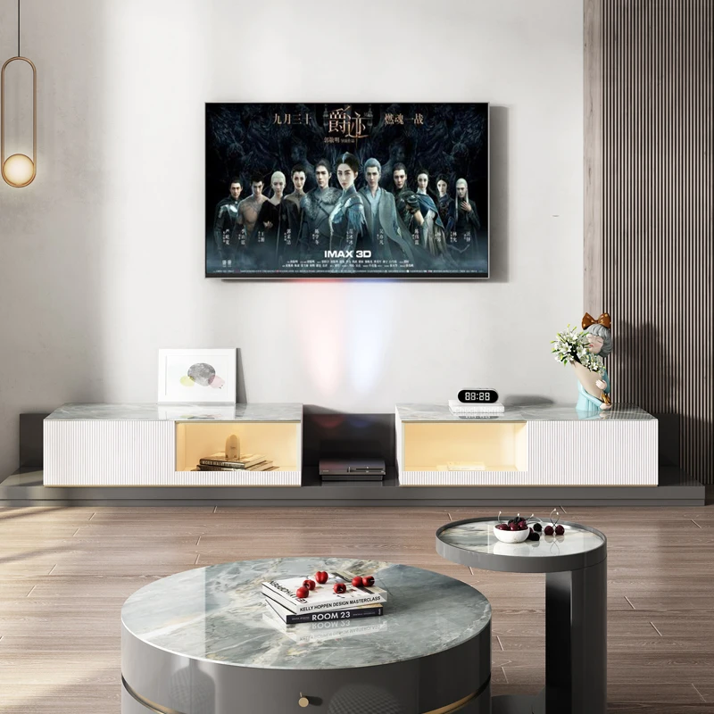 Modern Design Living Room Furniture With Turntable Wooden Drawer Storage Luxury Marble TV Stand