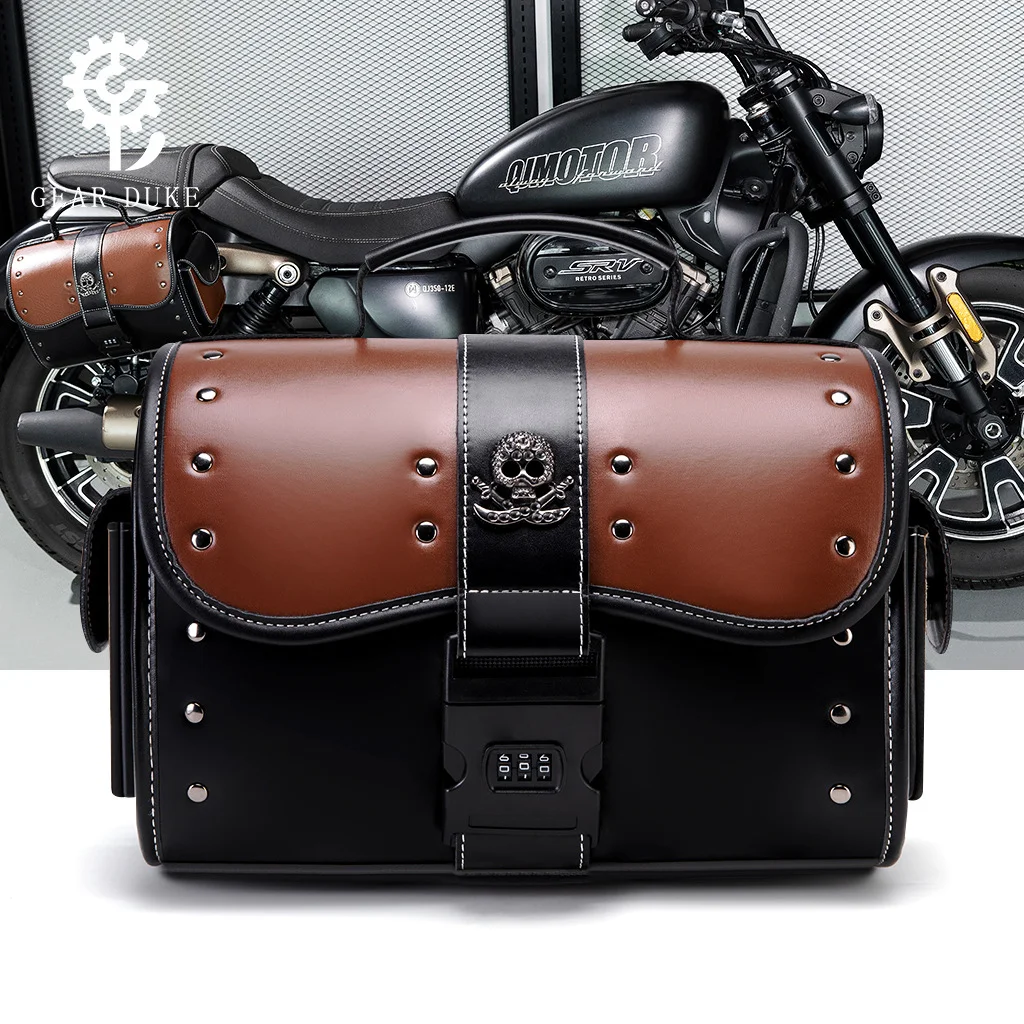

Waterproof and anti-theft locomotive front package punk style PU leather contrasting splicing design