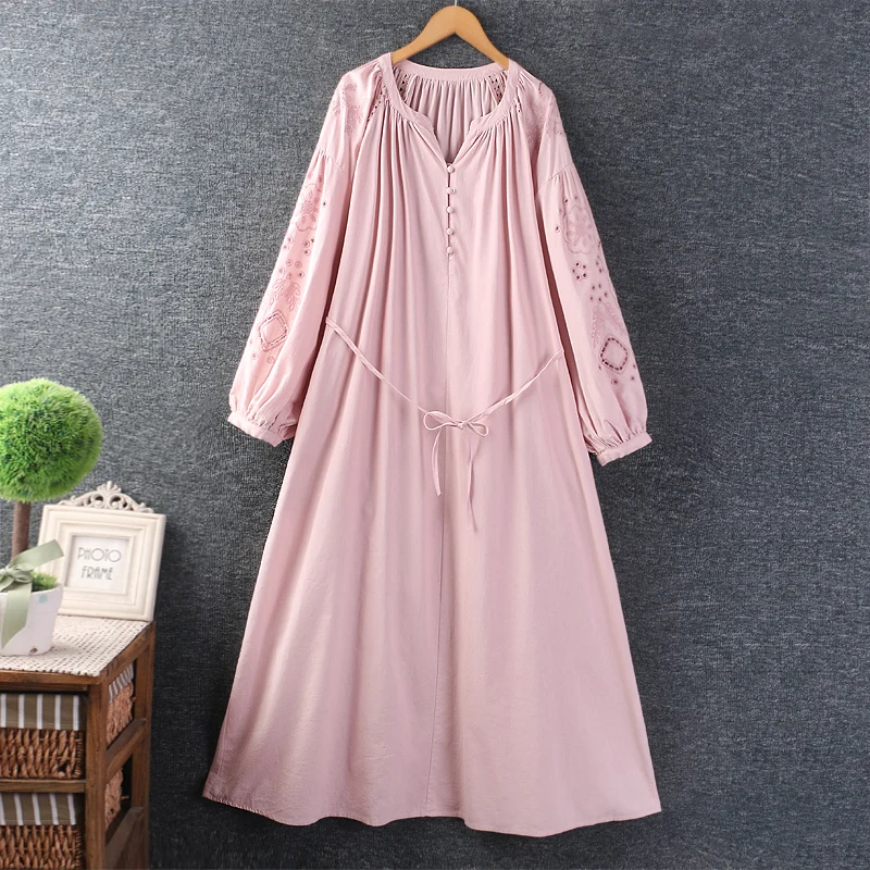 Autumn New Sweet Hollow Out Embroidered Dress Women Long Sleeve Cotton Linen Loose Dress DD8371