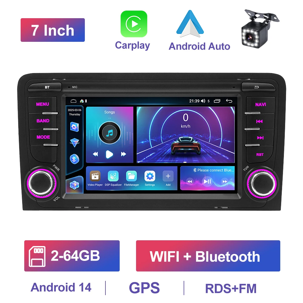 GEARELEC Android 14 Autoradio voor Audi A3 2003-2012 7 "Draadloze CarPlay Auto Multimedia Speler Android Auto autoradio GPS Stereo
