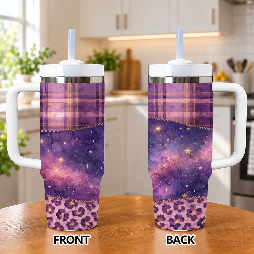 Cherry Pink Leopard 40oz Tumbler with Handle Straw Cute Plaid Insulated Travel Mug Gift for Women Girls Vacuum Flasks