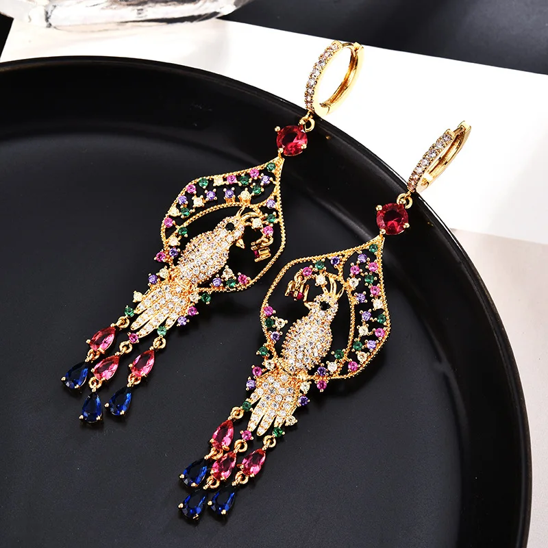 

CHKAWOCI European and American retro palace micro-inset color zircon long tassel earrings Fashion heavy industry bird earrings