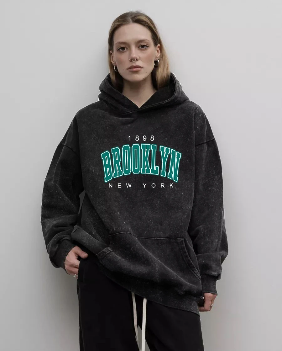 Brooklyn 1898 Art Letter Prints Women Washed Hoodies Cotton Fashion Hoody All-Match Loose Hoodie Casual Hip Hop Streetwear