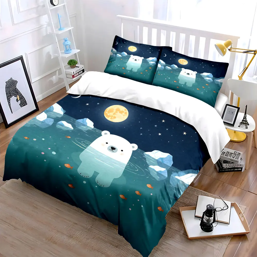 Cute polar bear swimming in the sea Bedding Set for Kids Luxury Gift 3pc Digital Print Comforter Set Soft Comfortable Breathable