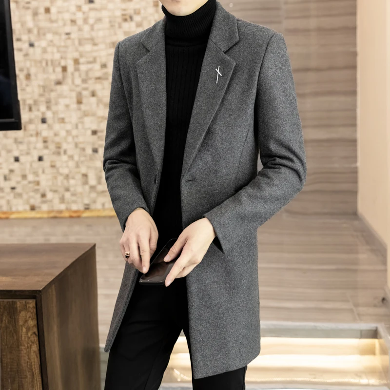 

High Quality Autumn Winter Men's Mid Length Woolen Coat Business Casual Solid Overcoat Outwear Warm Windbreaker Top Thick Jacket