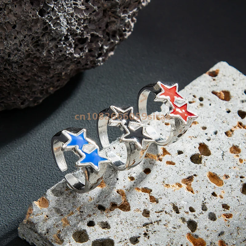 1 قطعة خمر الأسود بالتنقيط النفط الخماسي ستار المفتوحة خواتم للنساء الرجال الهيب هوب روك المعادن ستار قابل للتعديل زوجين خواتم مجوهرات