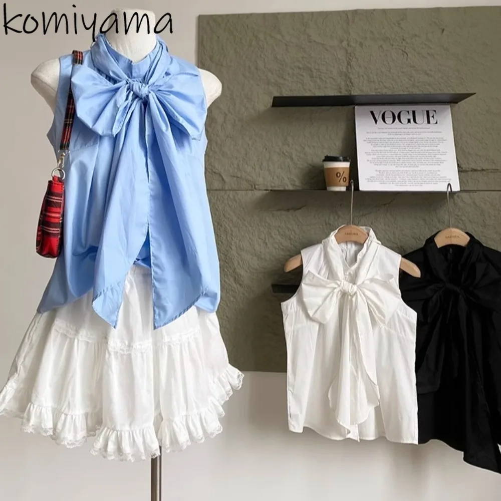 

Bow Sleeveless Shirts & Blouses Korean Style Blusas Mujer 2025 Summer Woman Clothing Loose Camisas Solid All Match Tops