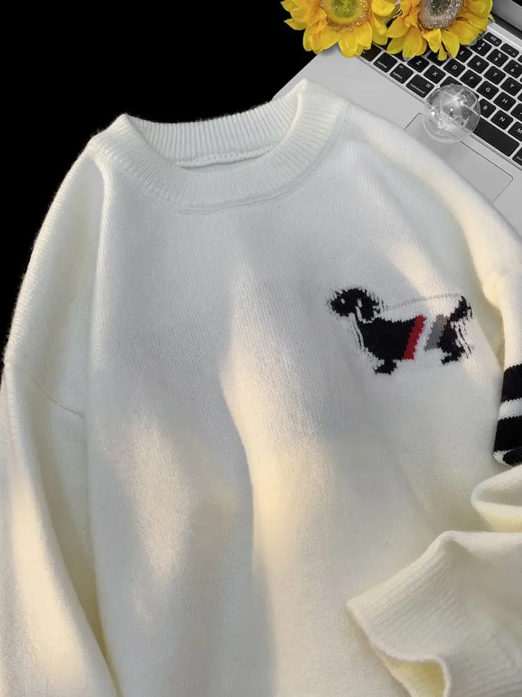 

Вязаный свитер Ele с вышивкой, свободного кроя, с круглым вырезом, для подростков, зимний, комфортный, мягкий, повседневный, модный, с рисунком собаки, базовый слой