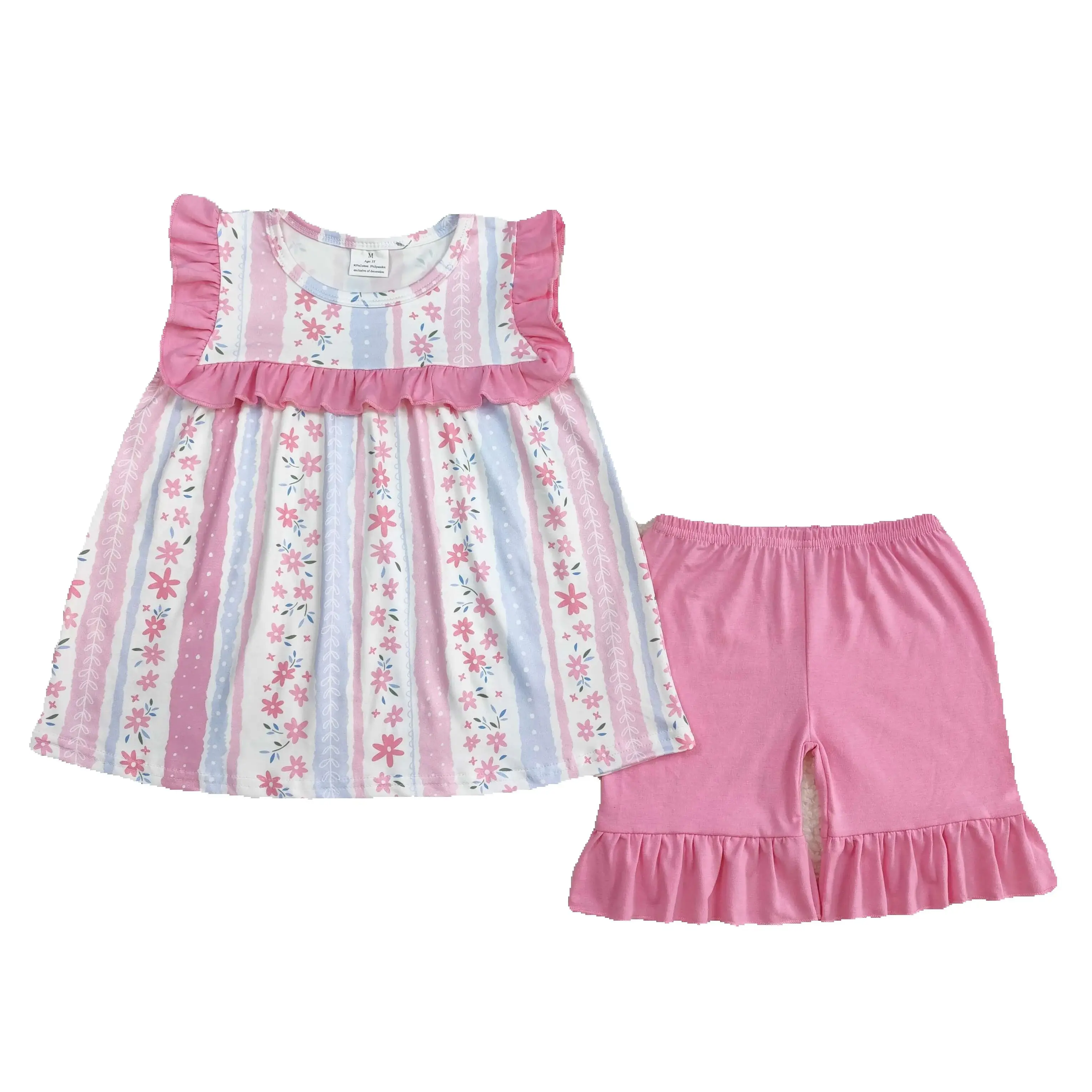 

3.3 GSSO2012 Children's Floral Pink Stripe Ruffle Sleeveless Shorts Set Cute Toddler Outfit with Flower Design for Little Girls