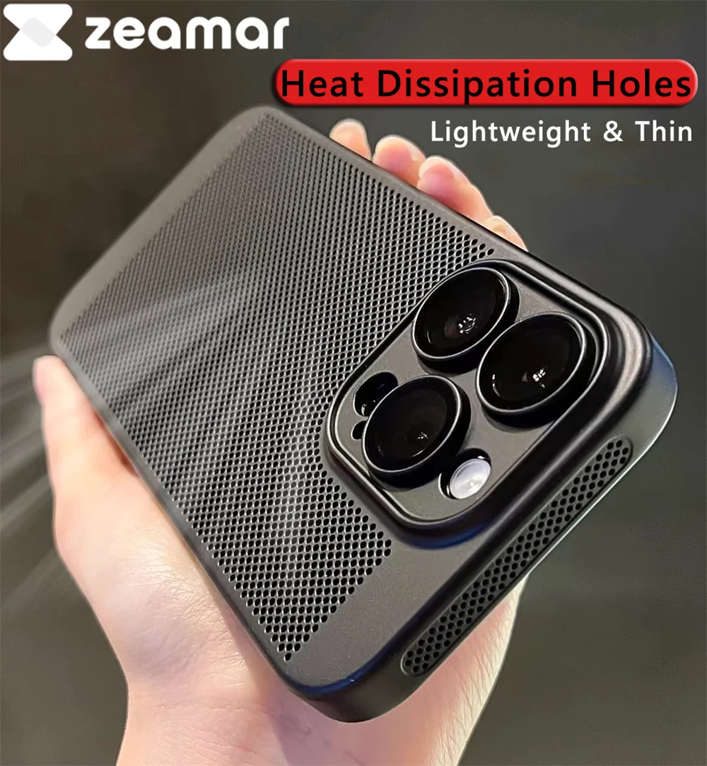 Funda de PC delgada con disipación de calor de lujo para iPhone, protección de cámara de vidrio, cubierta de malla de refrigeración para iPhone 16, 15, 14 Plus, 13, 12 Mini, 11 Pro Max
