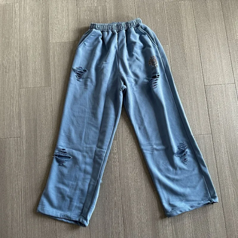 Washed Hole Damage PROJECT Embroidery Badge Print Sweatpants Men Women Loose Pants Heavy Fabric High Quality Casual Trousers