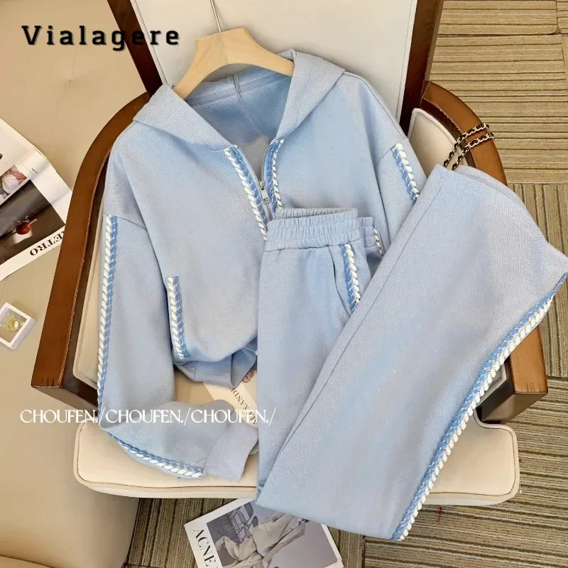 Korean Casual Two-piece Set Women  Loose Hooded Full Sleeve Sweatshirt + Drawstring Trousers Sets Light Blue Pants Suits