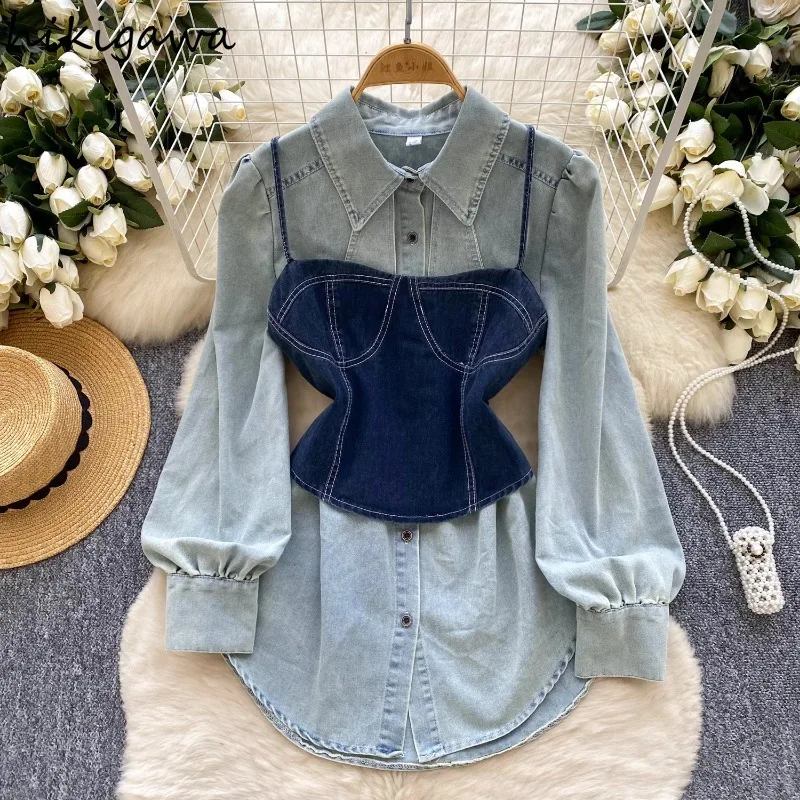 Fashion Two Piece Sets Women Clothing Long Sleeve Denim Shirt Folds Zipper Vest Outfits Roupas Femme Casual Chic Sexy Y2k Suit