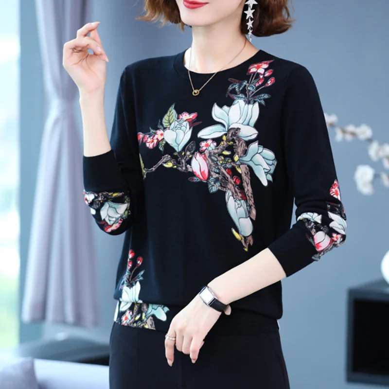 2025 autunno/inverno nuovo pullover a maniche lunghe colpo di colore stampa gru girocollo top lavorato a maglia maglione da donna