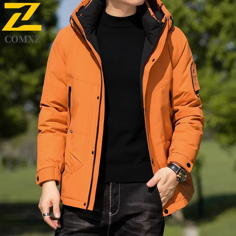 COMXZ Luxury Men Down Jacket Classic Hood Outdoor Working Cold Protection Puffer Jacket Leisure Business Comfortable Winter Coat
