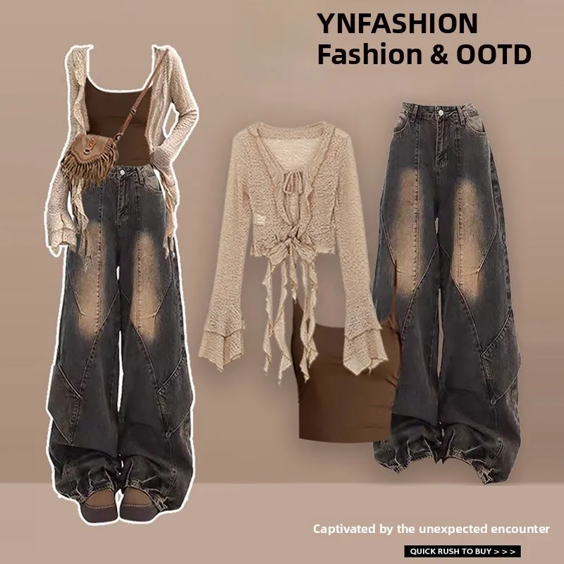 Damski jesienny zestaw: kardigan dżinsowy w stylu western, długi sweter z dekoltem w serek, komplet z krótkim topem, płaszcz w stylu pustynnym i crop top.