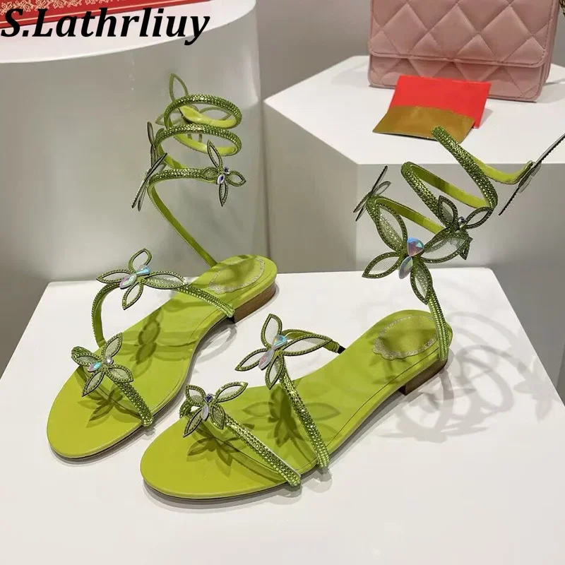 Summer Shiny Crystal Fashion Ankle Strap Flat Sandals Women Butterfly Decorative Elastic Strap Sandalia Banquet Dress Shoes
